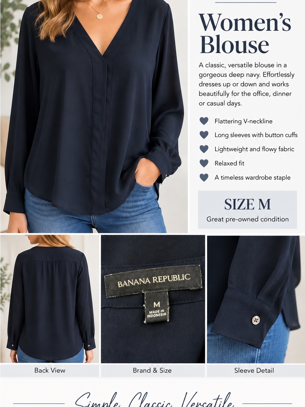 Banana Republic Navy V-Neck Long Sleeve Blouse - Size M